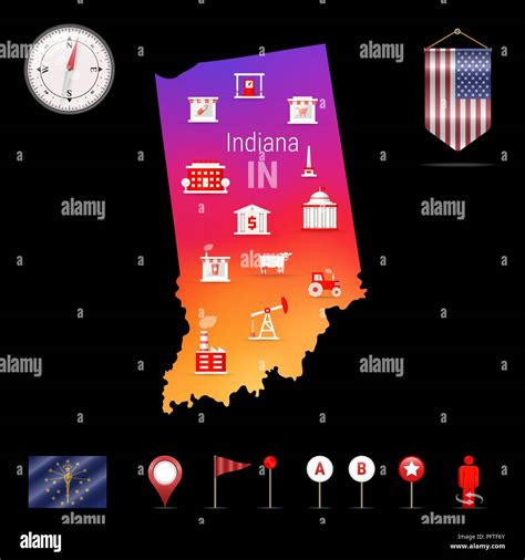 Indiana Vector Map Night View Compass Icon Map Navigation Elements