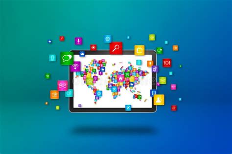 World Map Made Of Icons On A Tablet Pc Screen Stock Illustration