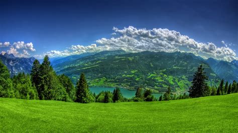 Nature Clouds Valley Grass Field Mountains Switzerland Sky Lake