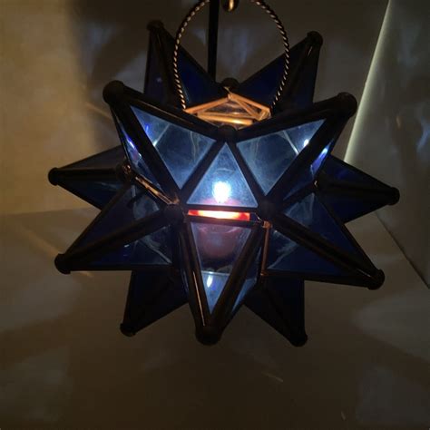 Vintage 7” Moravian Star Hanging Tealight Pendant Cobalt Blue Glass