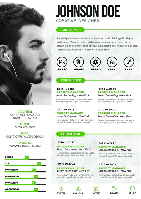 A Green And White Resume With Headphones
