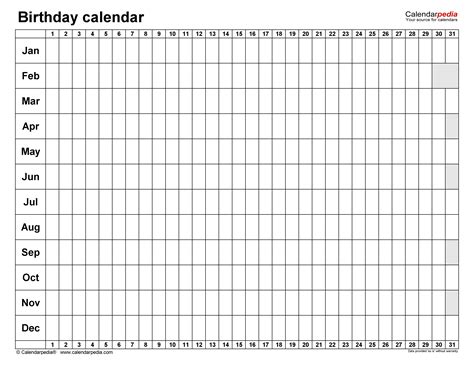 Birthday Calendars Free Printable Microsoft Word Templates