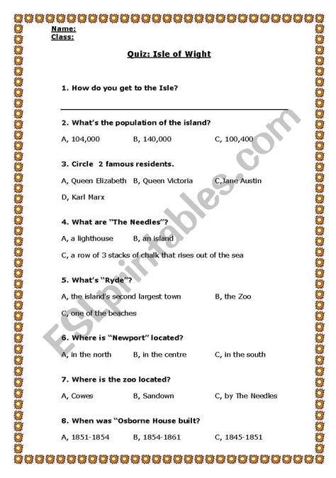 English Worksheets Isle Of Wight Quiz