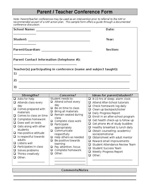 Parent Teacher Conference Form Homework Teachers