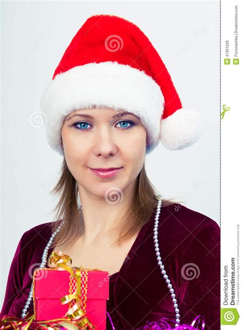 Happy Girl In Santa Hat With T Boxes Stock Photo Image Of