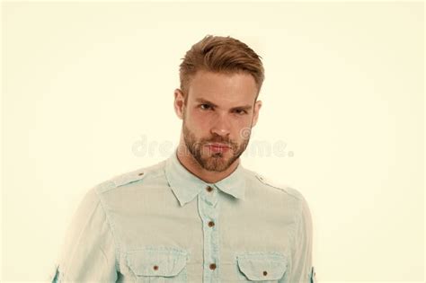 Handsome Man In Blue Shirt Fashion Man With Beard On Serious Fac