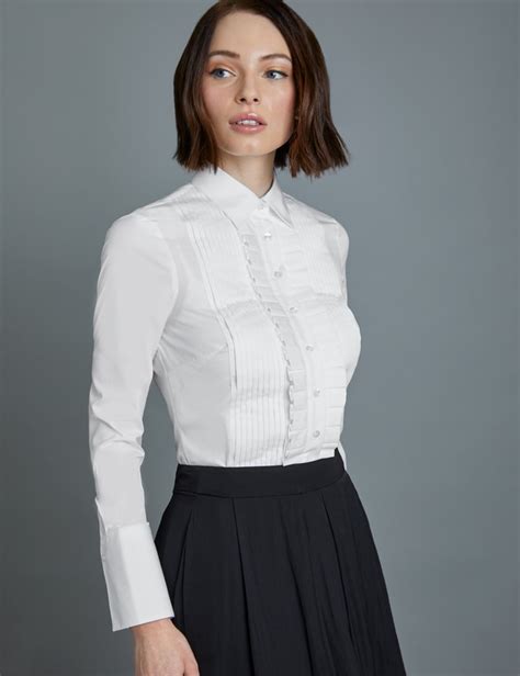 Womens Boutique White Semi Fitted Boutique Shirt With Frill Pleat