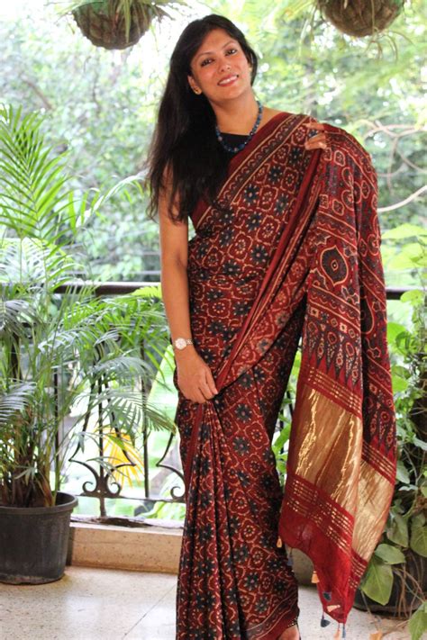 Ajrakh Maroon Modal Silk Saree With Tissue Pallu Vastrams