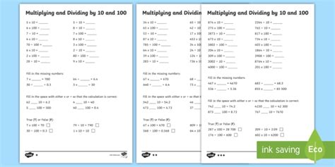 Multiplying And Dividing By 10 And 100 Worksheets