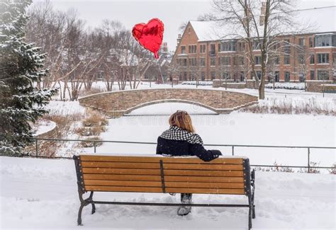 Woman Sitting Alone On Park Bench In Winter Stock Photo