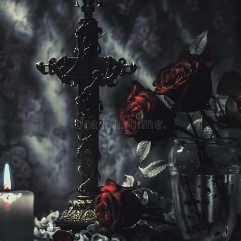 Gothic Illustration Of A Cross With Roses Stock Illustration