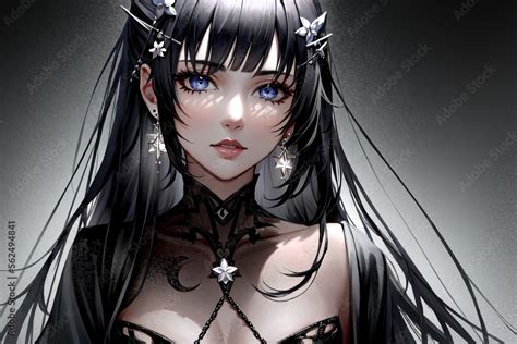 anime girl with black hair and blue eyes and a black dress stock illustration adobe stock