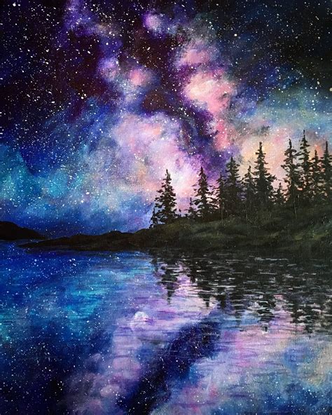 Midnight Lake Painting Sky Painting Lake Painting Night Sky Painting