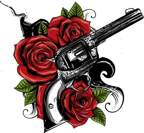 Guns And Rose Flowers Drawn In Tattoo Style Vector Illustration