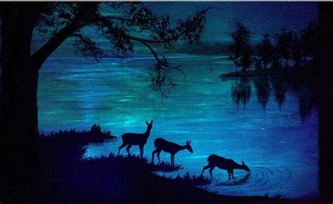 Deer Painting Glow In The Dark Forest Lake Deer Landscape Etsy In