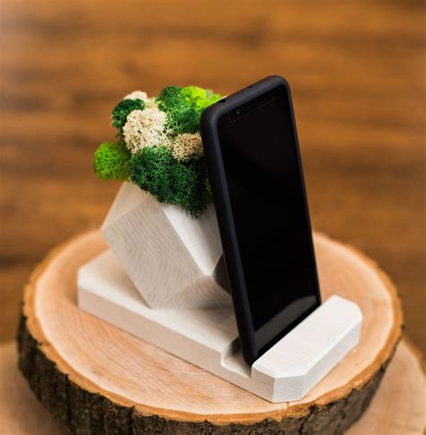 Desk Stand For The Phone Made Of Wood And Stabilized Moss White Holder