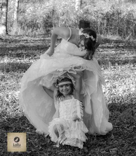 Hiding Under Moms Dress Wedding Dress Bride And Flower Girl Mommy