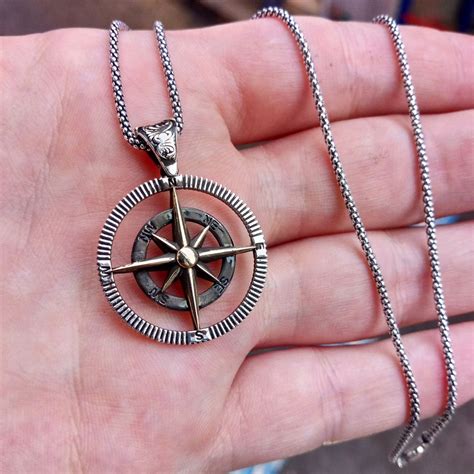 Mens Silver Compass Necklace 925 Sterling Silver Necklace Etsy
