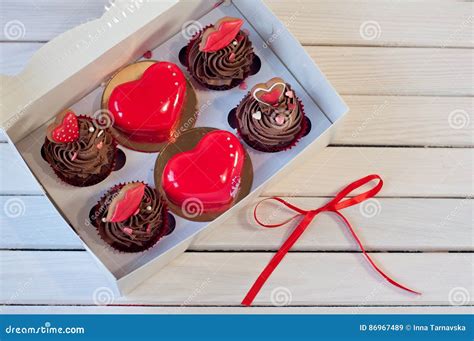 Confectionery Cupcakes Glazed Mousse Hearts And Small Honey Cakes In
