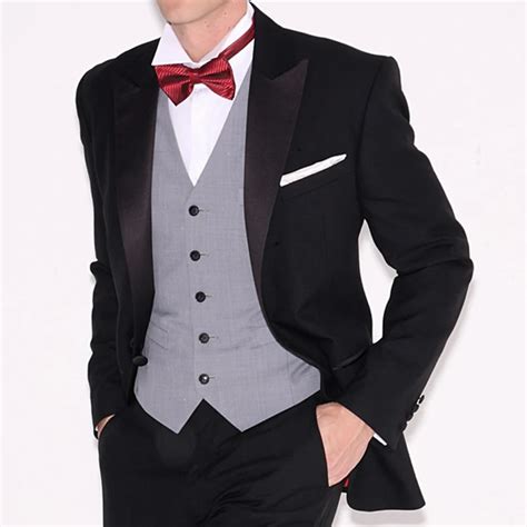 Three Piece Black Wedding Groomsmen Tuxedos 2018 Peaked Lapel Gray Vest Custom Made Formal Men