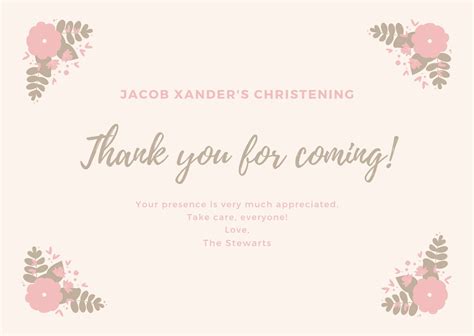 Pastel Pink Floral Border Christening Thank You Card Templates By Canva