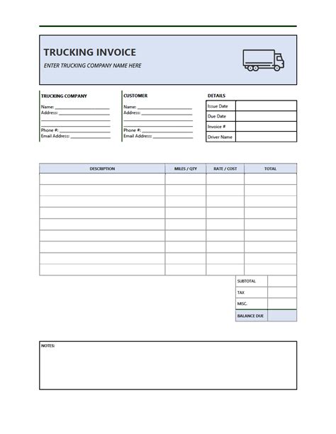 Printable Trucking Invoice Template Printable Templates