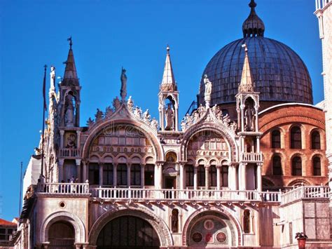 Venice San Marco Basilica Facade Blue Sky In Italy Stock Photo