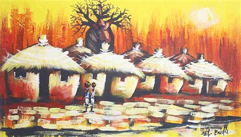 Traditional African Village Scene Acrylic Painting Colorful Village