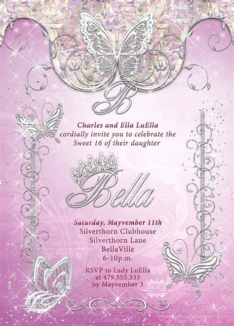 Pink Butterfly Princess Party Invitation Butterfly Tiara Sweet 16 Mis