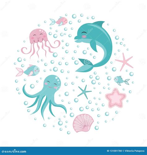 Cute Set Dolphin Octopus Fish Jellyfish Underwater World Collection