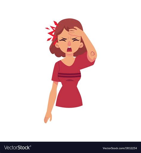 Woman Having Headache Migraine Pressing Hand To Her Forehead Cartoon Vector Illustration