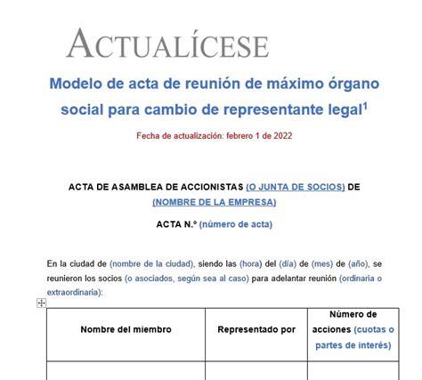Modelo De Acta De Cambio De Representante Legal Actualícese
