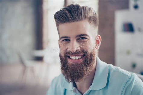 Close Up Portrait Of Stylish Handsome Man With Beaming Smile He Stock