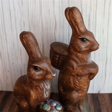 Vintage Ceramic Easter Bunny Rabbit Figurine Set Of 2 Brown Figure With