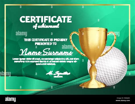 Golf Certificate Diploma With Golden Cup Vector Sport Award Template