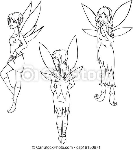 Outline Set Of Cute Fairies Black And White Vector