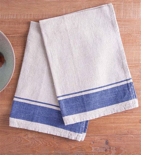Set Of 2 Linen French Stripe Kitchen Towels Blue Vivaterra