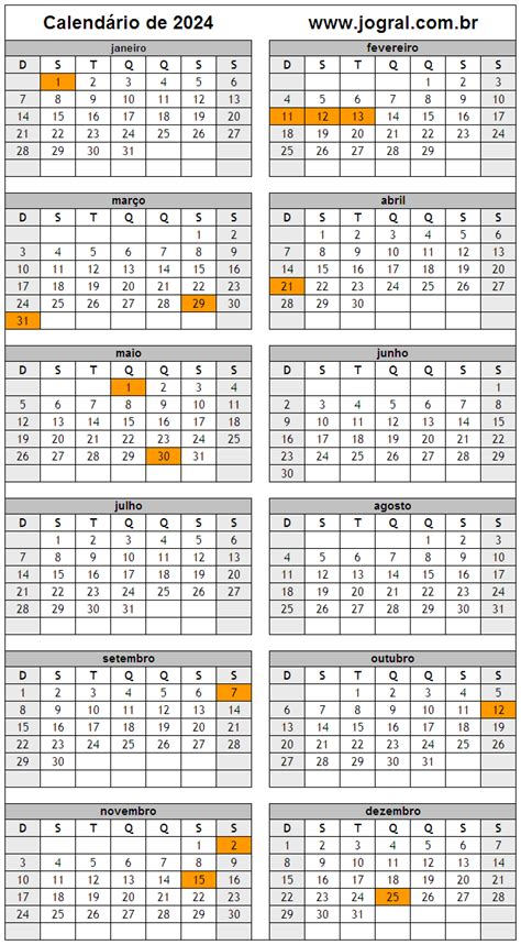 Calendário Do Ano 2024 Para Imprimir Em Formato Pdf E Imagem