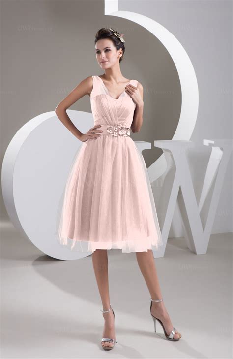 Pastel Pink Inexpensive Bridesmaid Dress Short Sheer Knee Length