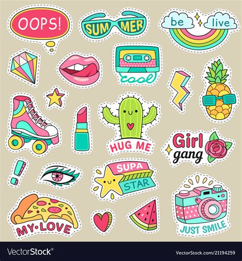 Fun Fashion Teenage Stickers Cute Cartoons Vector Image