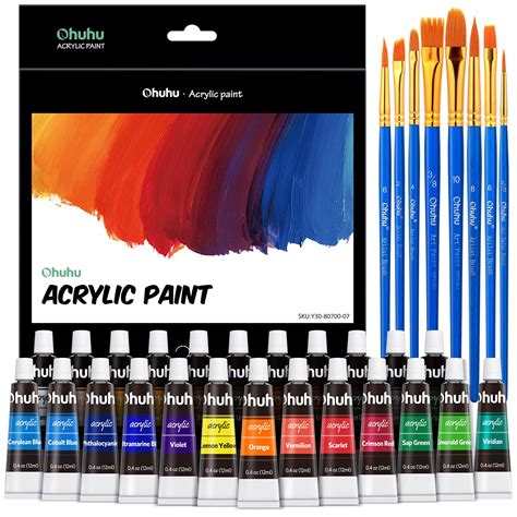 Ohuhu Acrylic Paint Tubes 24 Colours With 6 Brushes 12ml Art Canvas