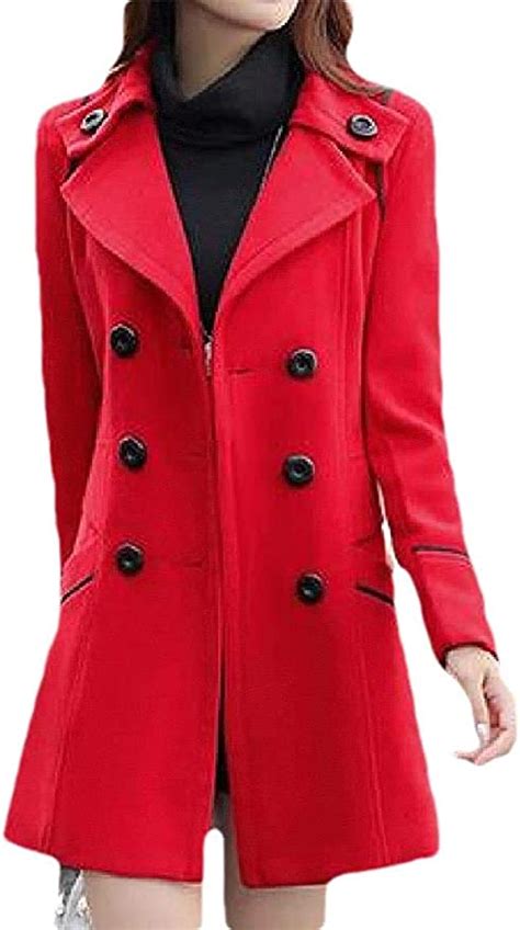 Women Winter Wool Blend Double Breasted Belted Warm Mid Length Pea Coat