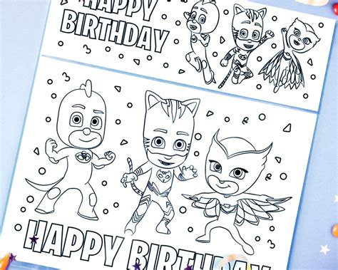 Pj Masks Happy Birthday Coloring T Card Party Birthday Etsy