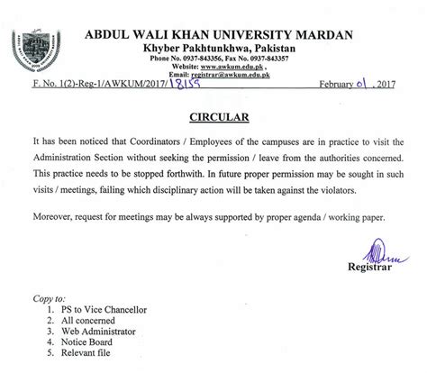 Abdul Wali Khan University Mardan Circular From Office Of The Registrar
