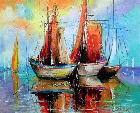 Sunset painting, seascape paintings on canvas , ocean, beach, waves, original acrylic painting on an original hand painted acrylic painting of a ocean sunset seascape. Schooners in the Bay Boats oil painting art, sailboats ...