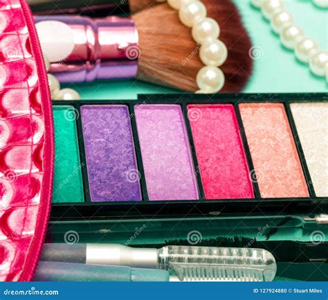 Cosmetic Makeup Kit Represents Soft Brush And Accessories Stock Photo