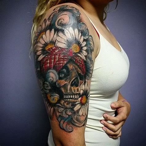 The Skull With A Daisy In One Tattoo On The Half Sleeve Tattoos For