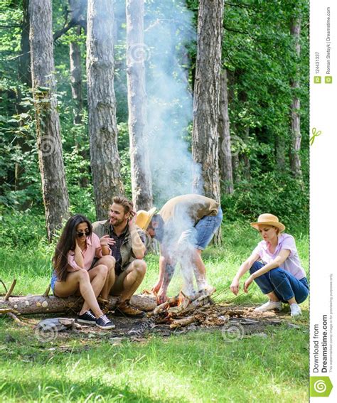 Company Friends Picnic Or Barbecue Roasting Food Near Bonfire Best Friends Spend Leisure