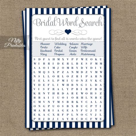 Printable Bridal Shower Word Search Game Navy Blue