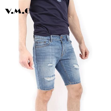 Men Denim Holes Shorts 2017 New Summer Casual Shorts Men Cotton Striped Denim Knee Length Jeans
